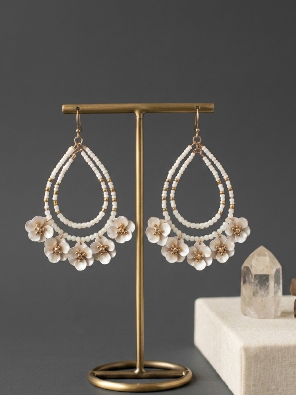 White Floral Beaded Hoop Earrings | Boho Statement Dangle | Gold Accent